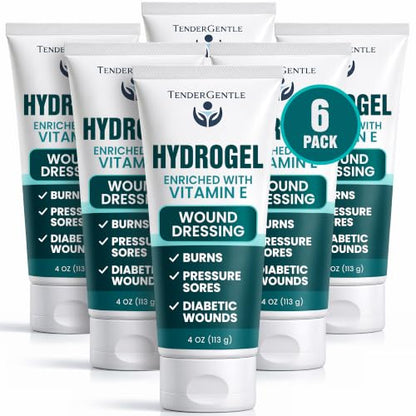 Hydrogel Wound Dressing Ointment - 6 Pack of 4 oz Amorphous Hydrogel for Wound Care, Burns, Diabetic Ulcers - Enriched with Vitamin E - First Aid Gel for Medical Facilities and Nursing Homes - size: 4 Ounce (Pack of 6)