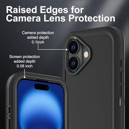 YKHJKLEC for iPhone 16 Case, Military Grade 3 in 1 Heavy Duty Shockproof/Drop Proof/Dust Proof Case with 2Pcs Tempered Glass Screen Protector (Black/Black) - color: Black/Black