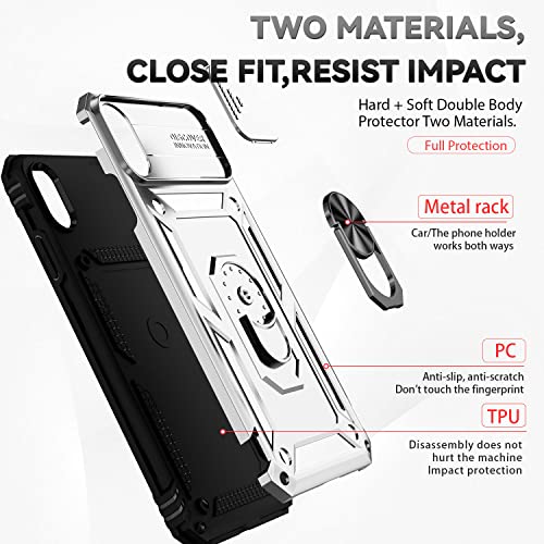 for iPhone XS Max Case with Camera Lens Cover HD Screen Protector, Dual Layer Military Grade Drop Protection Magnetic Ring Holder Kickstand Protective Phone Case for iPhone XS Max 6.5 inch (Silver) - color: Silver with camera cover Military-Grade 2nd gen