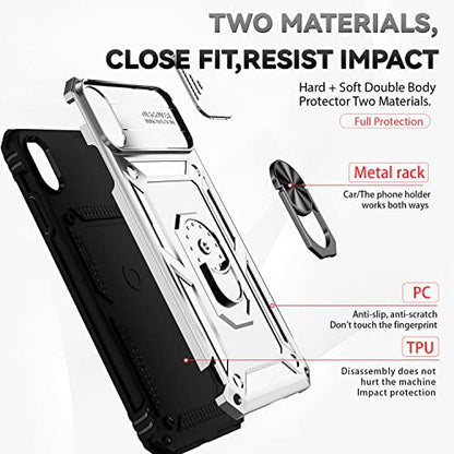 for iPhone XS Max Case with Camera Lens Cover HD Screen Protector, Dual Layer Military Grade Drop Protection Magnetic Ring Holder Kickstand Protective Phone Case for iPhone XS Max 6.5 inch (Silver) - color: Silver with camera cover Military-Grade 2nd gen