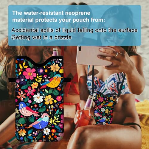 Neoprene Cell Phone Sleeve Pouch Case Bag with Crossbody Strap Neck Lanyard for Women 7.1 X 3.9 in Flower Bird Pattern - color: Flower Bird
