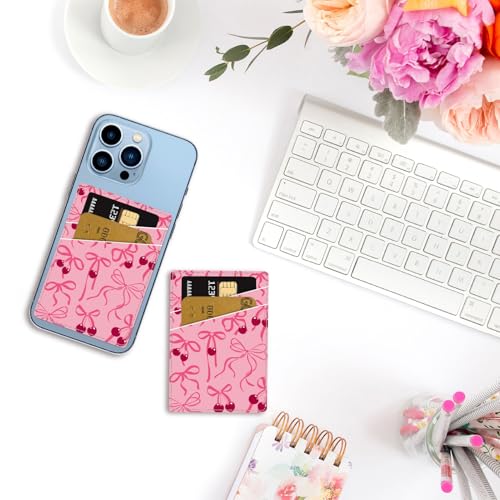 CREATCABIN Bowknot Phone Card Holder Leather Cell Phone Wallet Stick on Adhesive Credit Card Holder Slim Double Pocket Sticker for Back of Phone Case Compatible with Most Phones 3.7 x 2.5 Inch - style: Bowknot