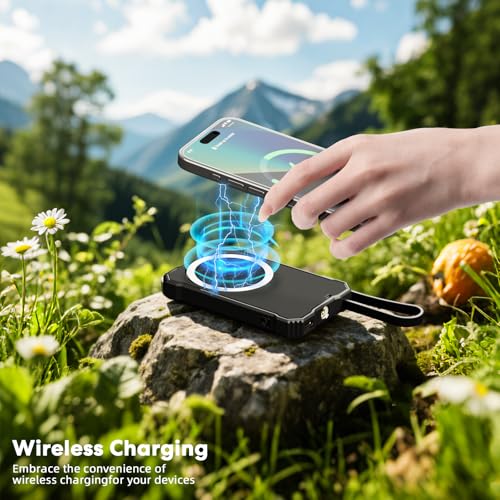 YELOMIN Solar Charger Power Bank 5000mAh with 4 Foldable Panels & 2 Built-in Cables, Wireless Portable Charger, Outdoor External Battery Pack with USB-C in/Output & SOS Flashlight for Camping Hiking