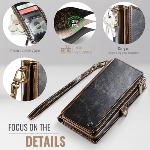 Defencase for Samsung Galaxy A26 5G Wallet Case with Card Holder, Coffee | RFID Blocking, Zipper Pocket, Durable PU Leather, Wrist Strap, Fashion Snap Flip Phone Cases Cover with Stand for Women Men - color: Coffee
