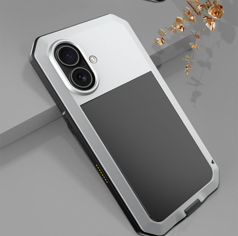 for iPhone 16 Pro Max Metal Case 6.9",Heavy Duty Shockproof Aluminum Alloy Tough Armour Military Phone Case,360 Full Body Protective Cover with Silicone Built-in Screen Protector - Silver - color: Silver
