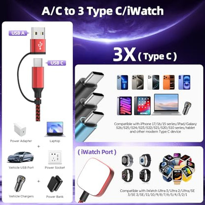 Travel Essentials Triple USB C 4in2 Multi Charging Cable for iWatch Charger - color: Dark Red&Black&Sky Blue, size: AC to 2C+L+iWatch