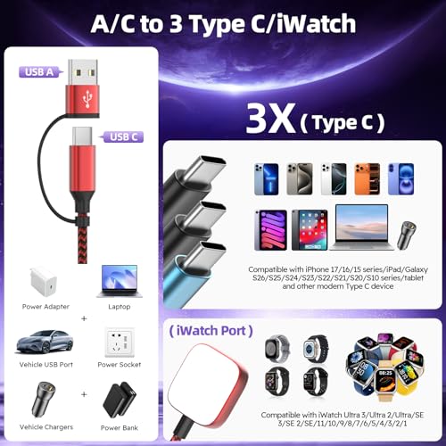 Travel Essentials Triple USB C 4in2 Multi Charging Cable for iWatch Charger - color: Dark Red&Black&Sky Blue, size: AC to 2C+L+iWatch