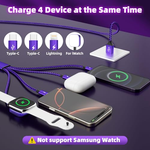 Travel Essentials 4in1 Multi Charging Cable for iPhone Watch Charger 3PK5FT - color: Bright Purple&Black, size: AC to 2C+L+iWatch