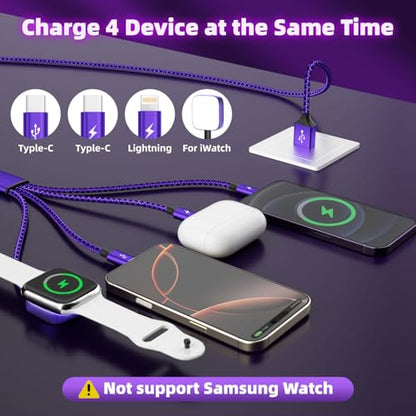 Travel Essentials 4in1 Multi Charging Cable for iPhone Watch Charger 3PK5FT - color: Bright Purple&Black, size: AC to 2C+L+iWatch
