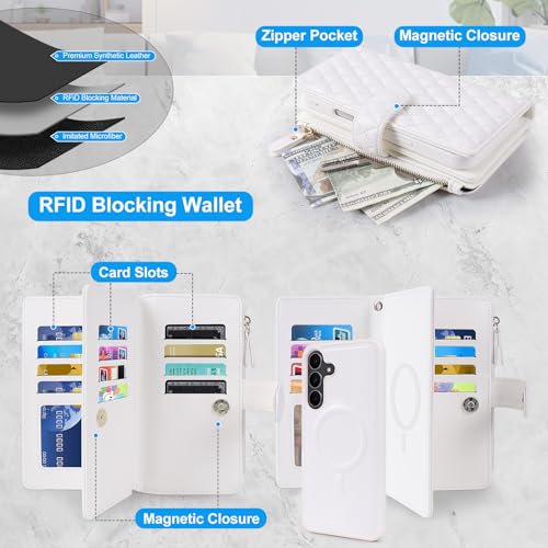 Harryshell Detachable Wallet Case for Samsung Galaxy S25 FE Compatible with Magsafe RFID Blocking Card Slots Removable Phone Cover Zipper Purse Kickstand Wrist Strap for Men Women Quilted White - color: Quilted White
