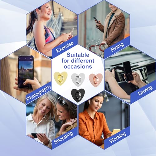 8 PCS Heart Charm Hook 4 Color Metal Phone Finger Hook Adhesive Cell Phones Ring Holder Heart-Shaped Sticky Grip Loop Smartphones Accessories Charm Loop Stand Keychain Ring for DIY Hanging