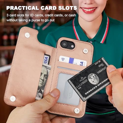 ONETOP for iPhone 17e/16e Wallet Case with Credit Card Holder,Rosegold | 360° Rotation Ring Kickstand,Finger Grip,Double Magnetic Clasp,RFID Blocking PU Leather Shockproof Cover for Women Men - color: Rose Gold
