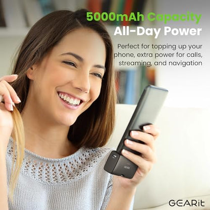 GEARit 5000mah Power Bank - Dual Output, Mini Battery Pack with Integrated USB-C and Lightning Connectors - Compact, Small Portable Charger Compatible - Black