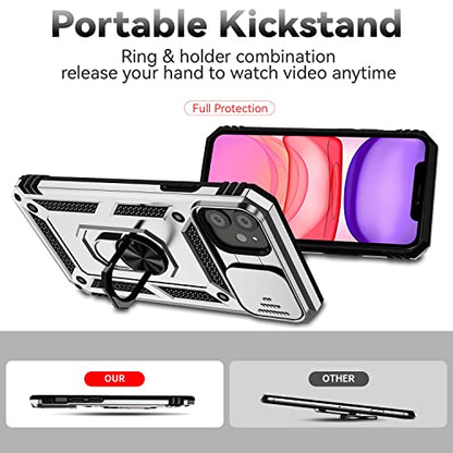 for iPhone 11 Case,with Screen Protectors and Camera Cover,[Military Grade] 16ft.Drop Tested Cover with Magnetic Kickstand Protective Case for iPhone 11 6.1 inch, Silver - color: Silver