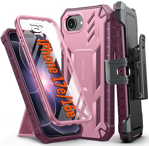 FNTCASE for iPhone 17e/16e Case with Belt Clip, Built-in Screen Protector | Rugged Kickstand, 20FT Military-Grade Drop Protection, Full Body Heavy Duty Shockproof Holster, Hard Protective Cover - color: Pink, size: For Iphone 17E/16E (6.1 Inch)