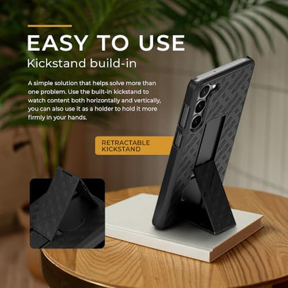 MOTIVE for Samsung Galaxy s24 Case with Belt Clip, Rigid, Kickstand | 6.1" | Ranger v1 Series, Black, 360° holster, open-top/open-bottom port access, textured grip, slim design - size: S24