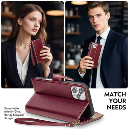 Compatible with iPhone 13 Pro Max Wallet Case with Card Holder RFID Blocking Zipper PU Leather Flip Phone Case with Wrist Strap Credit Card Slots Men Women,for Apple 13 Pro Max,Wine Red - color: Wine Red, size: iPhone 13 Pro Max - 6.7