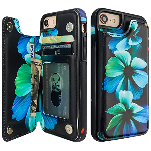 HAOPINSH iPhone SE(2022)/SE(2020)/7/8 Wallet Case, Blue Florals Flip PU Leather Kickstand Card Slots, Double Magnetic Clasp, Shockproof 4.7 - color: Blue Florals