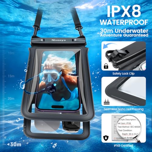 Niveaya Double Space Waterproof Phone Pouch - 2 Pack, Waterproof Phone Lanyard Case with iPhone 17/16/15/14/13 Pro Max up to 8.3", Phone Dry Bags for Vacation Beach Pool Kayak Cruise Travel Essentials - color: Black + White, size: Medium 8.3"