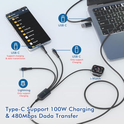 100W Multi Charge Cable for Apple iWatch/Dual USB C/Lightning, 10FT - size: AC to 2C+L+iWatch(10FT)
