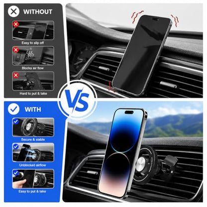 Magnetic Car Phone Mount, 360° Adjustable Hands Free Cell Phone Holder with Strong Magnet and Hook Clip for Air Vent, Universal Vent Phone Holder for Cars Trucks SUVs Smartphone Mount-RT60T-2