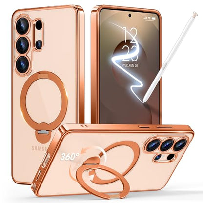 GolbinBox Magnetic for Samsung Galaxy S26 Ultra Case with 360° Spin Stand | [Compatible with MagSafe][Military Drop Protection] Shockproof Galaxy S26 Ultra Phone Cover with Kickstand, Orange/Clear - color: Orange/Clear