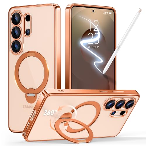 GolbinBox Magnetic for Samsung Galaxy S26 Ultra Case with 360° Spin Stand | [Compatible with MagSafe][Military Drop Protection] Shockproof Galaxy S26 Ultra Phone Cover with Kickstand, Orange/Clear - color: Orange/Clear