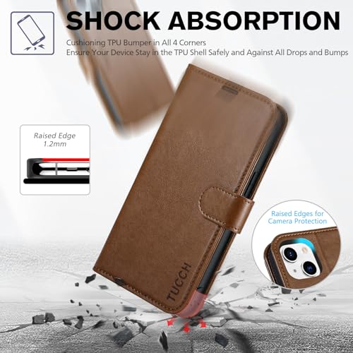 TUCCH Case Wallet for iPhone 14 (6.1") 2022, RFID Blocking Folio, Brown | 4 Card Holders, Kickstand, PU Leather, Magnetic Closure, Shockproof TPU Shell, Protective Flip Cover - color: Brown