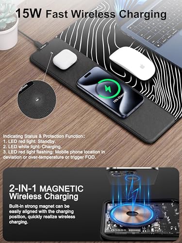 Mouse Pad with Wireless Charging, Large Desk Mat, Black Topographic Map #1 - color: Black Topographic Map #1