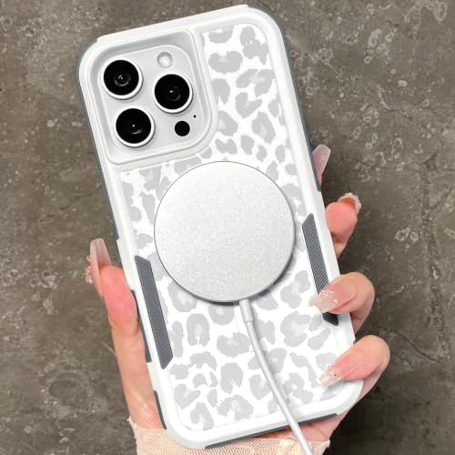 Magnetic Cute Case for iPhone 16 Pro Max, White Leopard Cheetah | Compatible with Magsafe, Heavy Duty Tough Rugged Full body Protection Shockproof Protective Phone Case for Women Girls - color: Magnetic-iPhone 16 Pro Max