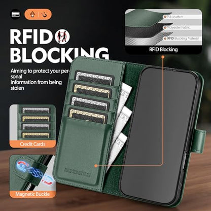 Compatible with iPhone 16 Pro Max Genuine Leather Case Wallet with Card Holder,Women Men Real Leather Flip Folio RFID Blocking Credit Card Slots Phone Cover,for Apple 16 ProMax,Green - color: Green, size: iPhone 16 Pro Max - 6.9"