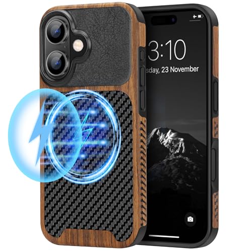 TENDLIN Magnetic Case Compatible with iPhone 16 Phone Case Wood Grain with Carbon Fiber Texture Design Leather Hybrid Slim Case (Compatible with MagSafe) Black - color: Magnetic Black, size: iPhone 16