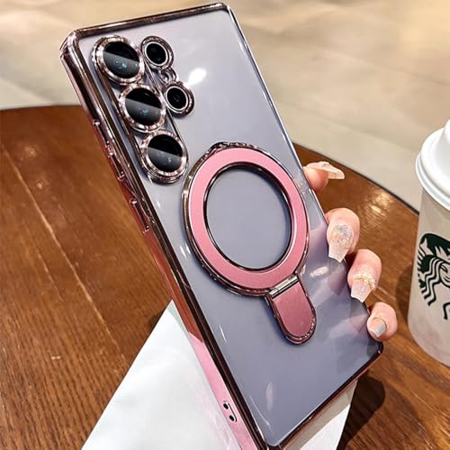 Clear for Samsung Galaxy S24 Ultra Case Magnetic Invisible Stand Built-in Camera Lens Protector Compatible with MagSafe Cover for Galaxy S24 Ultra,Pink - color: Pink, size: for Samsung S24 Ultra