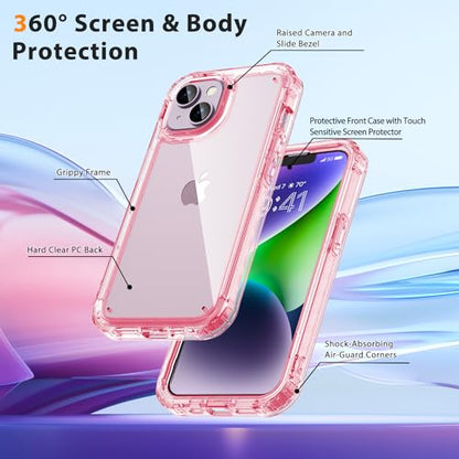 Lifedance iPhone 14/13 Case, Full-Body Rugged Protective Case with Built-in Screen Protector, 10 FT Military Grade Drop Protection, Heavy Duty Shockproof, Clear Pink - color: Clear Pink, size: iPhone 14/13