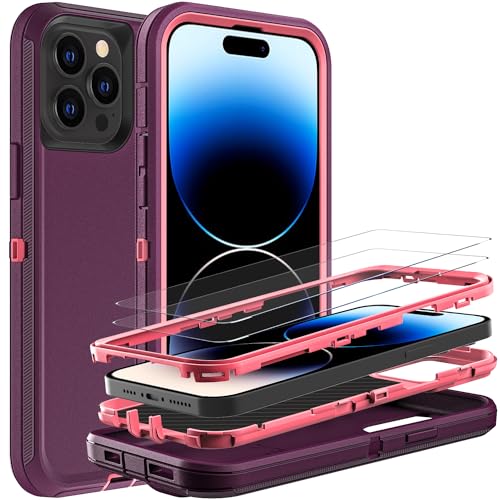 YKHJKLEC for iPhone 14 Pro Case, Military Grade 3 in 1 Heavy Duty Shockproof/Drop Proof/Dust Proof Case with 2Pcs Tempered Glass Screen Protector (Purple/Pink) - color: Purple/Pink