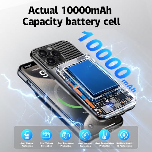 New 10000mAh Rechargeable Portable Battery Case with Wireless Charging Case Extend Battery Pack Charger Cover Compatible for iPhone 15 Pro Max (6.7 inch) Black - size: iPhone 15 Pro Max