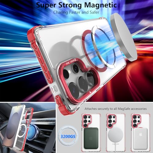 Nvollnoe for Samsung S25 Ultra Case Compatible with MagSafe Military Grade Shockproof Heavy Duty Protective Adjustable Kickstand Ultra Clear Magnetic Phone Case for Samsung S25 Ultra(Red) - color: Clear-Red
