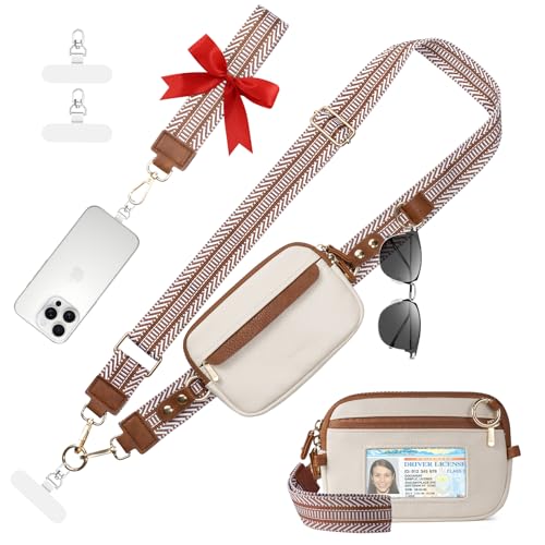 Tiostep Clip and Go Strap for Phone with Wallet Crossbody Phone Lanyard Adjustable and Anti-Theft Leather Purse with RFID Zipper Pouch for Travel Daily Life. Medium White-Brown - color: White Brown