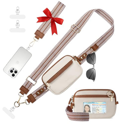 Tiostep Clip and Go Strap for Phone with Wallet Crossbody Phone Lanyard Adjustable and Anti-Theft Leather Purse with RFID Zipper Pouch for Travel Daily Life. Medium White-Brown - color: White Brown
