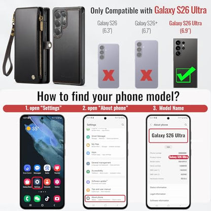 Defencase for Galaxy S26 Ultra Case Wallet Compatible with Magsafe, Black | Magnetic Detachable, RFID Bolcking Card Holder, Zipper Strap, PU Leather Drop-Proof Phone Cover for Samsung Galaxy S26 Ultra - color: (Detachable with Magsafe)-Black