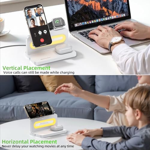 3 in 1 Wireless Charging Station for Apple MagSafe Charger,Magnetic Wireless Charger Stand for iPhone 16 15 14 13 12,Foldable Nightstand Charging Dock for Apple Devices iWatch,AirPods with Night Light - color: White