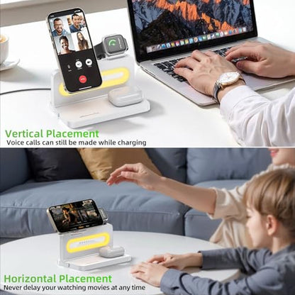 3 in 1 Wireless Charging Station for Apple MagSafe Charger,Magnetic Wireless Charger Stand for iPhone 16 15 14 13 12,Foldable Nightstand Charging Dock for Apple Devices iWatch,AirPods with Night Light - color: White