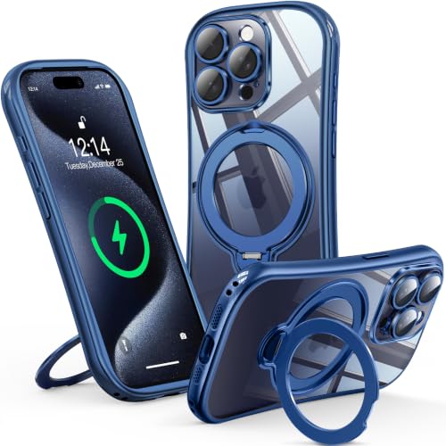 360° Spin Magnetic Stand for iPhone 15 Pro Max Case [Full Camera Protection] [Fit for MagSafe] [Anti-Yellowing] Shockproof Protective Kickstand Plating TPU Cover for 15 Pro Max 6.7", Deep Blue - color: Blue, size: iPhone 15 Pro Max