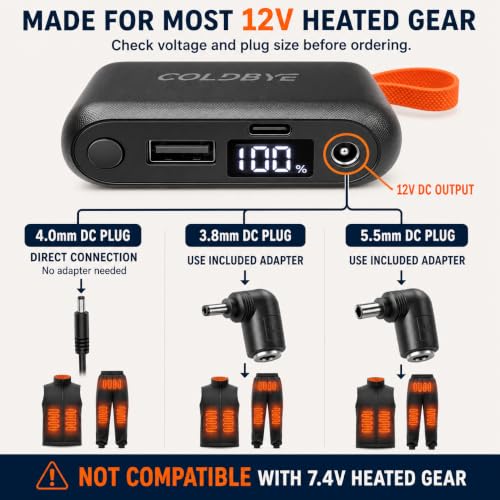 ColdBye 𝟐𝟎𝟎𝟎𝟎𝐦𝐀𝐡 Upgraded Rechargeable Power Bank with Built-in USB-C Cable for Heated Vests, Jackets, LED Strip, Breast Pump, Heated Camping Chair