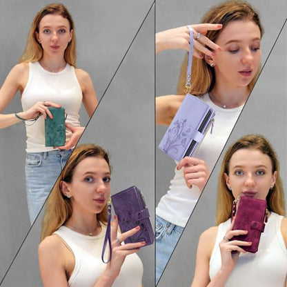 Case Wallet Compatible with iPhone 16e/17e, [12 Card Slots] ID Credit Cash Holder Zipper Pocket Detachable Leather Wallet Cover with Wrist Strap Lanyard（Floral Wine Red） - color: Floral Wine Red