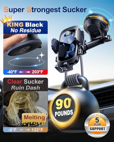 YRU True Military-Grade [360° Rotation Suction] 2026 Ultimate Car Phone Holder Mount 【90+LBS Safest Strongest & Patent Certs】 Dashboard Windshield Vent for iPhone 18 Pro Max Samsung Webcam, Blue Black - color: Dark Black