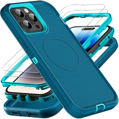 YKHJKLEC for iPhone 14 Pro Case, Compatible with Magsafe, Military Grade 3 in 1 Heavy Duty Shockproof/Drop Proof/Dust Proof Case with 2Pcs Tempered Glass Screen Protector (New-Blue/Turquoise) - color: New-Blue/Turquoise