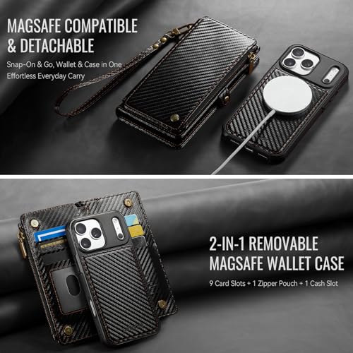 Defencase for iPhone 17 Pro Max Case Wallet Compatible with Magsafe, C-Black - color: (Detachable with Magsafe)-Carbon Fiber Black
