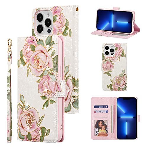 UEEBAI Wallet Case for iPhone 13 Pro Max, PU Leather Phone Cover Kickstand RFID Blocking Flip Case Card Slots Wrist Strap Relief Engraved Pattern Magnetic Closure Flower Folio Wallet, White Rose - color: White Rose, size: iPhone 13 Pro Max