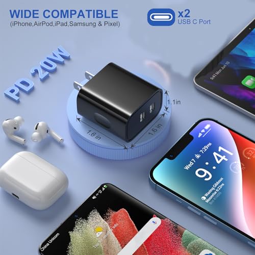 USB C Wall Charger 3 Pack, Costyle 20W Dual Double Port USB C Charger Block - color: Black
